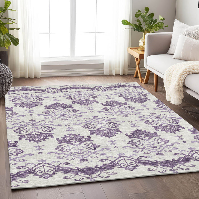 10' X 14' Medallion Washable Area Rug With UV Protection - Purple / Ivory