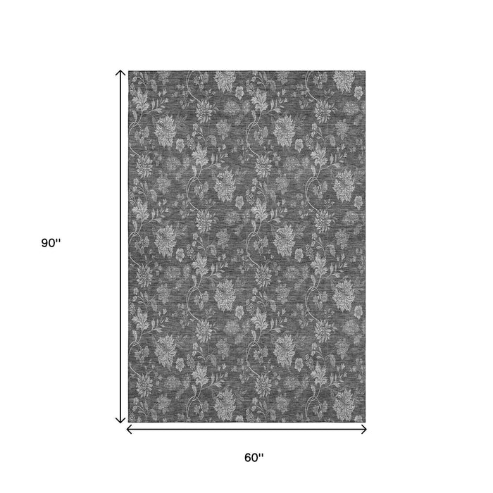 5' X 8' Floral Washable Area Rug With UV Protection (655922) - Gray / Silver