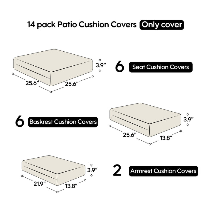 Giga 14-pack cushion covers for 7-piece wicker sectional sofa, back and seat slipcovers with zippers, in neutral fabric.