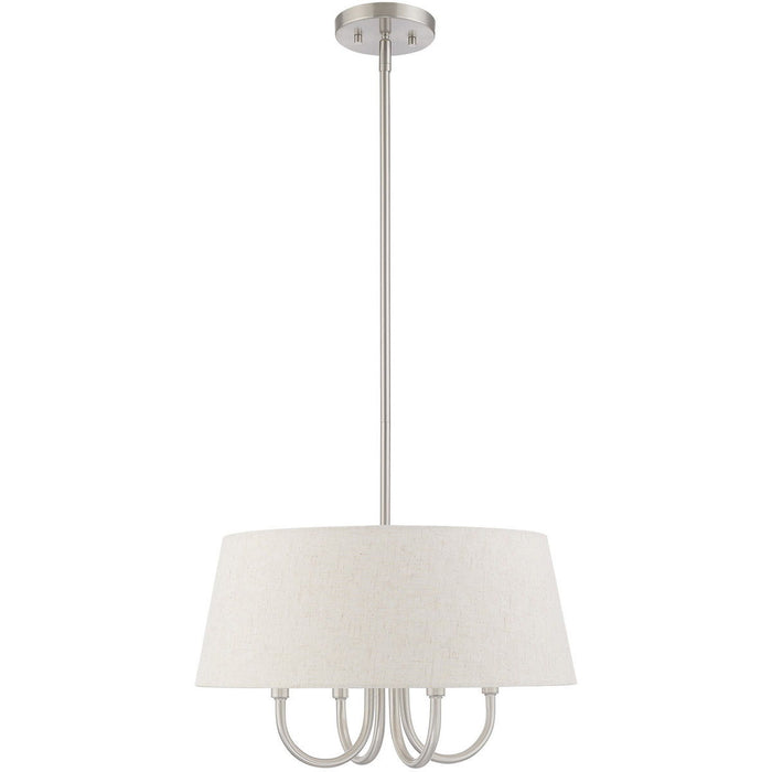 20-inch metal chandelier with four lights, shades, dimmable feature, finished in nickel and cream, designed by HomeRoots.