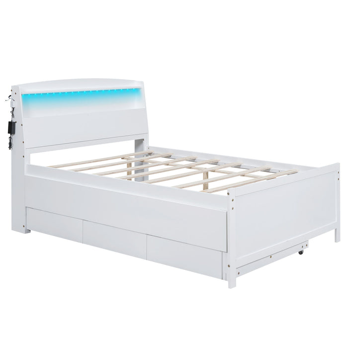 White Giga full size platform bed with storage, LED headboard, twin trundle, and three drawers in a modern bedroom setting.