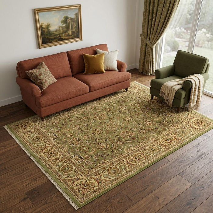 5' X 8' Wool Oriental Hand Knotted Area Rug With Fringe (744149) - Green / Tan