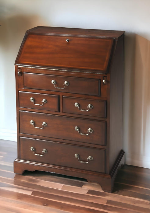 Brown Rubberwood secretary desk with five drawers, crafted by HomeRoots, featuring a classic design and ample storage space.