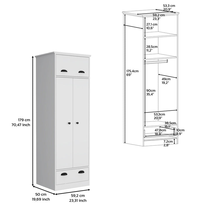 Giga white wardrobe dresser with upper storage, two central shelves, hanging tube covered by doors, and bottom drawer.