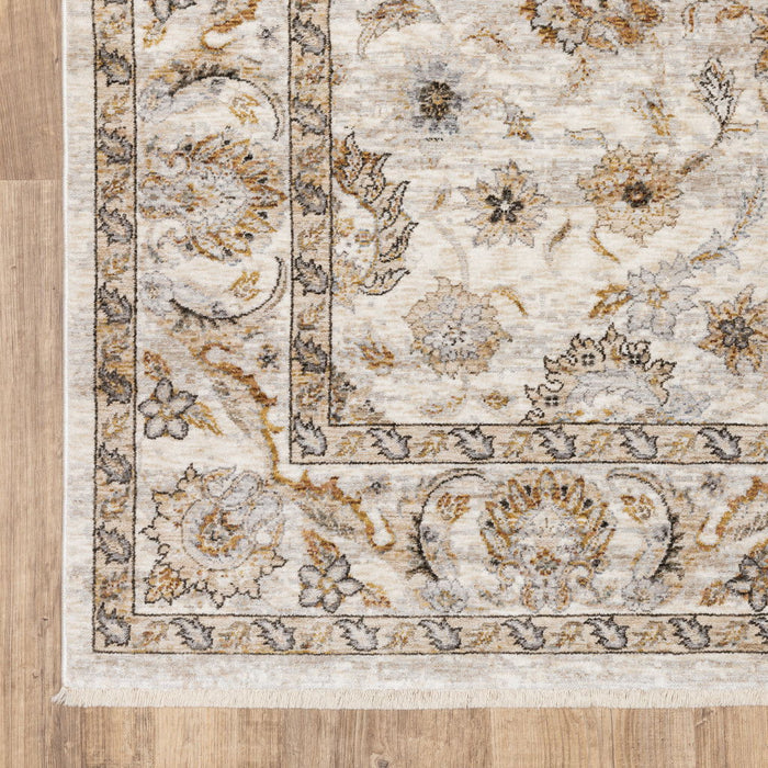 7.9' x 11.2' Oriental Power Loom Stain Resistant Area Rug With Fringe - Ivory And Grey