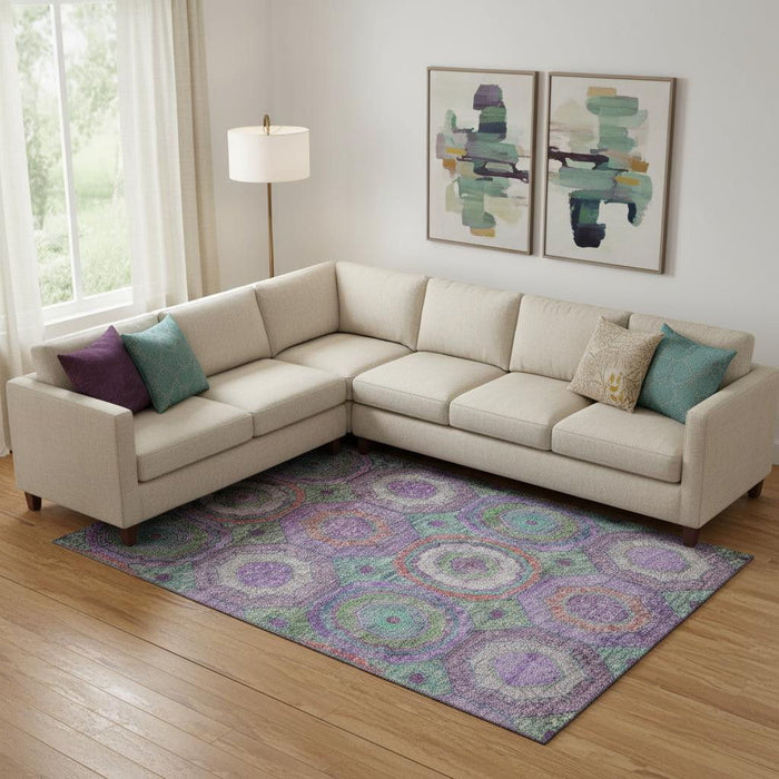 10' X 14' Geometric Washable Area Rug With UV Protection (716509) - Purple / Lime Green