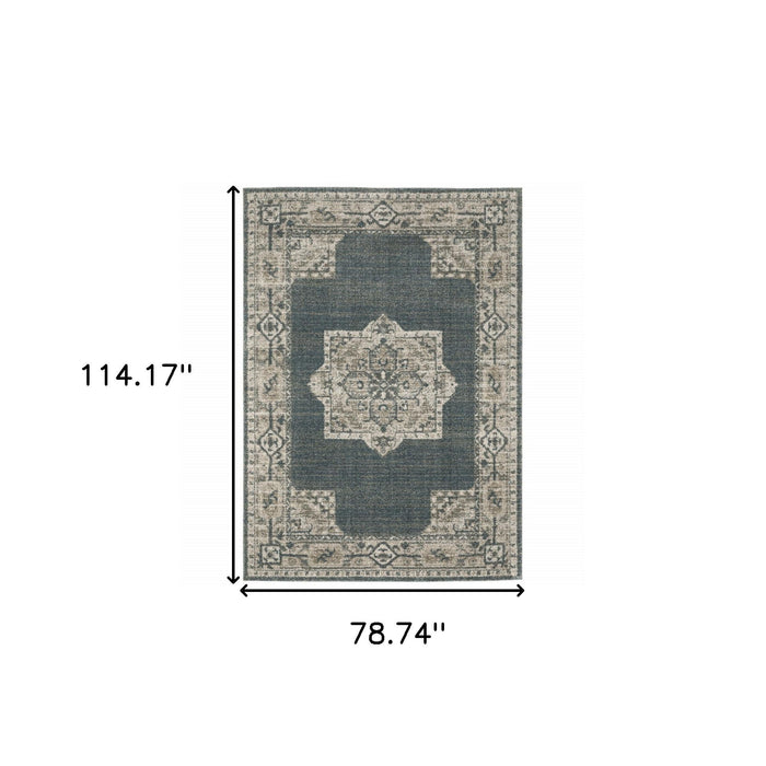 6.6' x 9.5' Oriental Power Loom Area Rug - Blue And Beige