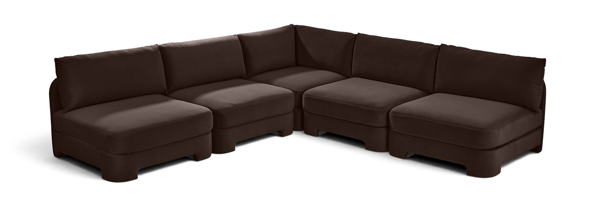 Meridian Furniture Hammond velvet performance fabric 5-piece armless sectional sofa, stationary living room upholstery setup.