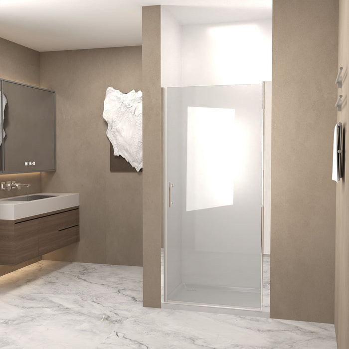 Giga shower door with clear glass and explosion-proof safety film, featuring sleek frame and modern design for bathroom use.