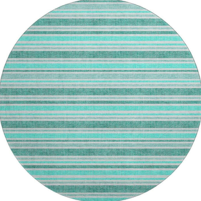 8' Striped Washable Round Rug With UV Protection (647887) - Turquoise / Ivory