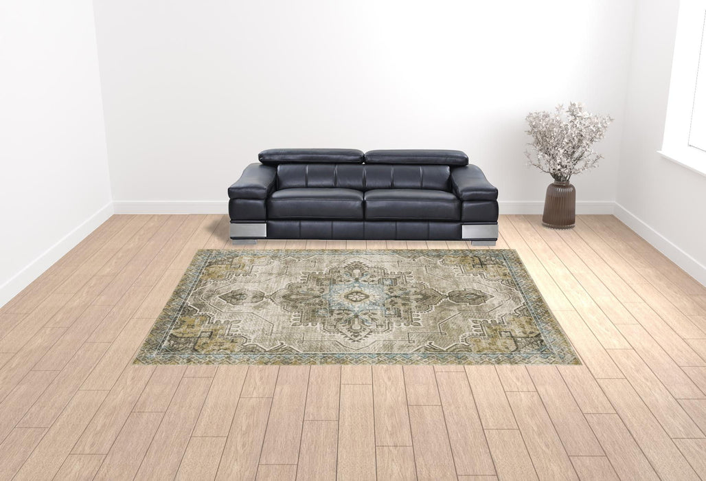 10' x 13' Oriental Power Loom Stain Resistant Area Rug - Gray Blue Beige And Gold