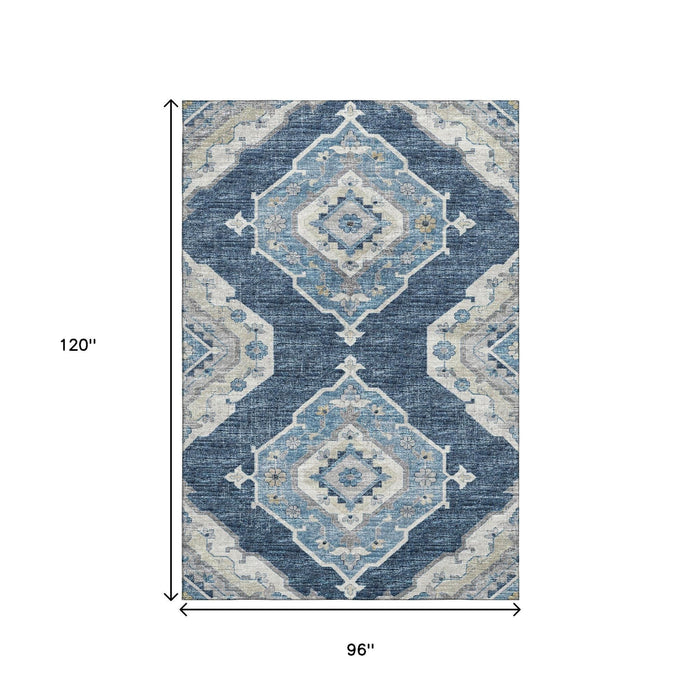 8' X 10' Tribal Distressed Washable Area Rug With UV Protection (644196) - Blue / Ivory
