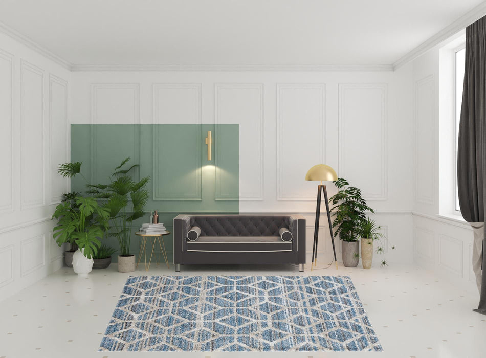 7.9' x 10' Geometric Power Loom Stain Resistant Area Rug - Blue And Ivory