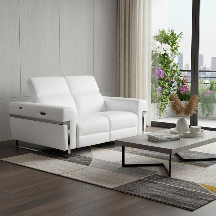 Italian Leather Power Reclining Loveseat - White / Silver