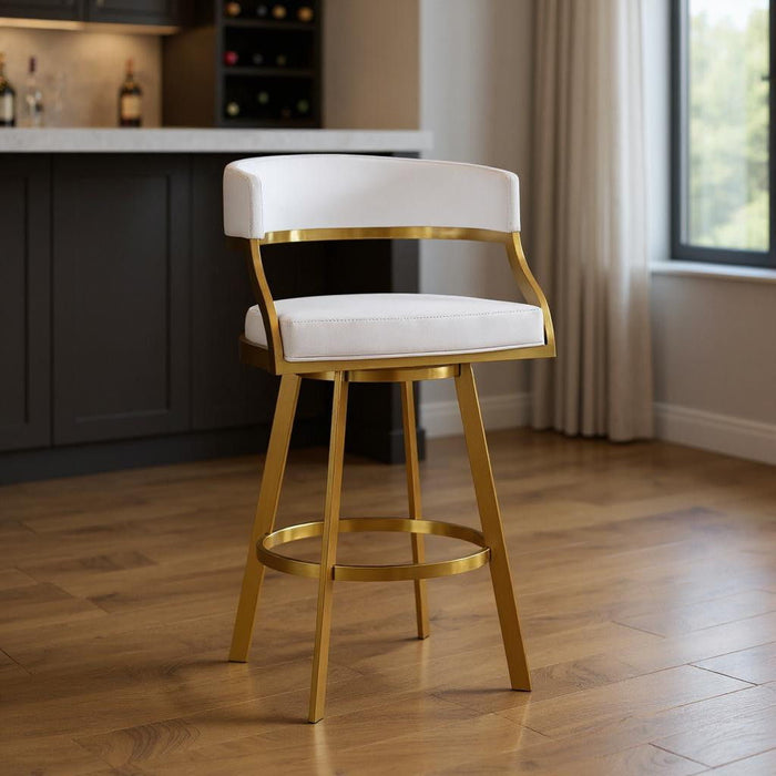 30" Faux Leather And Stainless Steel Low Back Bar Height Swivel Bar Chair - White / Gold
