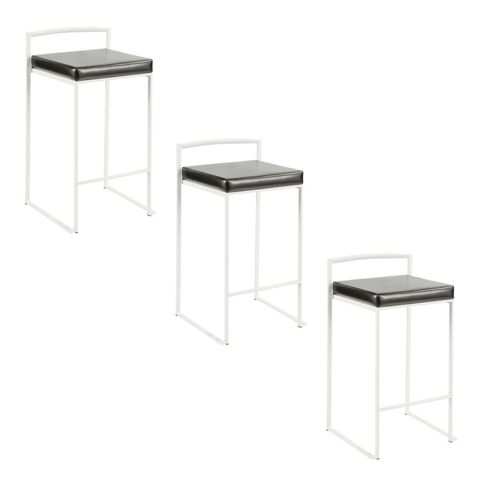 Fuji - 26" Stackable Counter Stool (Set of 3) - White Metal With Black Faux Leather Cushion