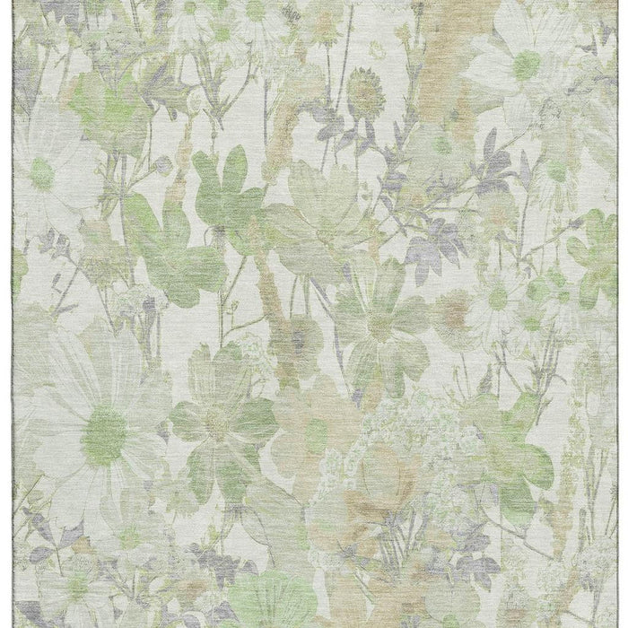 10' X 14' Floral Washable Area Rug With UV Protection (694098) - Artichoke Green / Ivory / Lavender