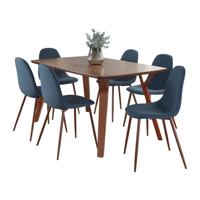 Folia - Pebble Mid-Century Modern 7 Piece Dining Room Set - Walnut Wood, Walnut Metal And Blue Fabric
