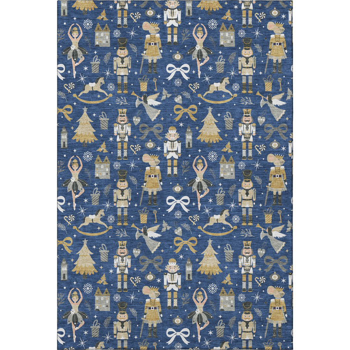 10' X 14' Floral Washable Area Rug With UV Protection (702461) - Navy Blue / Gold / Gray