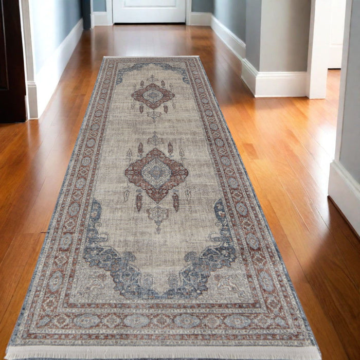 10' Floral Power Loom Stain Resistant Runner Rug - Gray Red And Blue