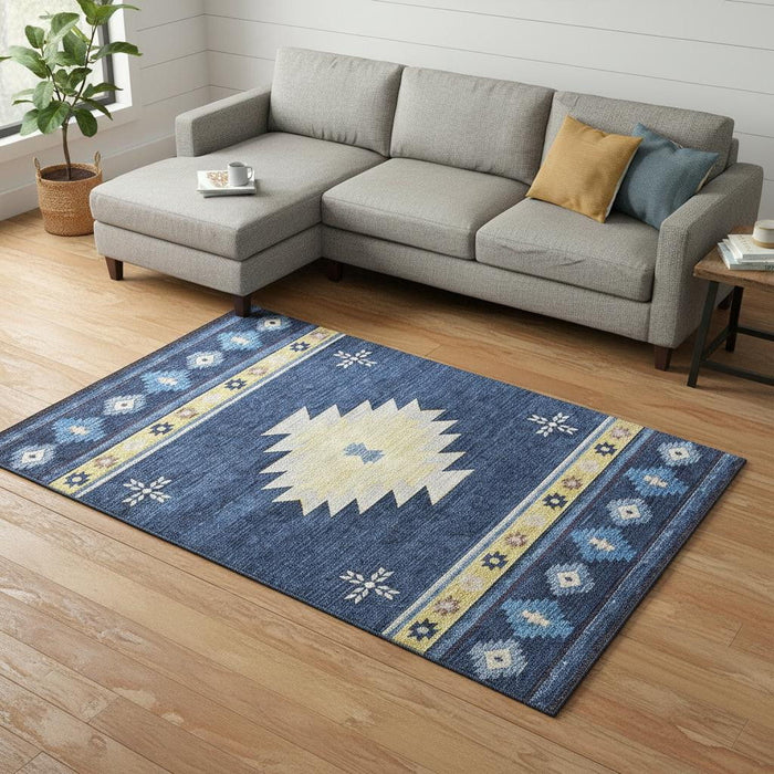 8' X 10' Geometric Washable Area Rug With UV Protection (645682) - Blue / Ivory / Gold