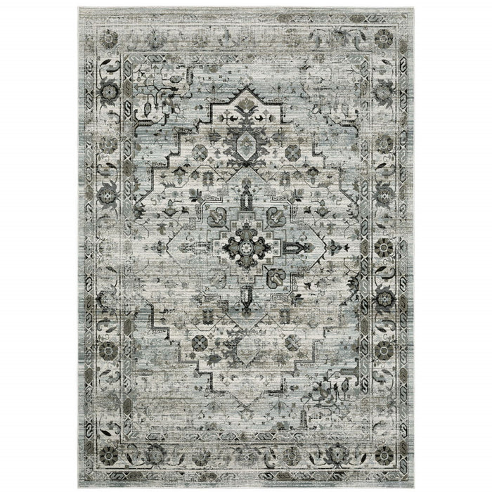 8' x 11' Oriental Power Loom Stain Resistant Area Rug - Ivory Gray Charcoal Blue And Taupe