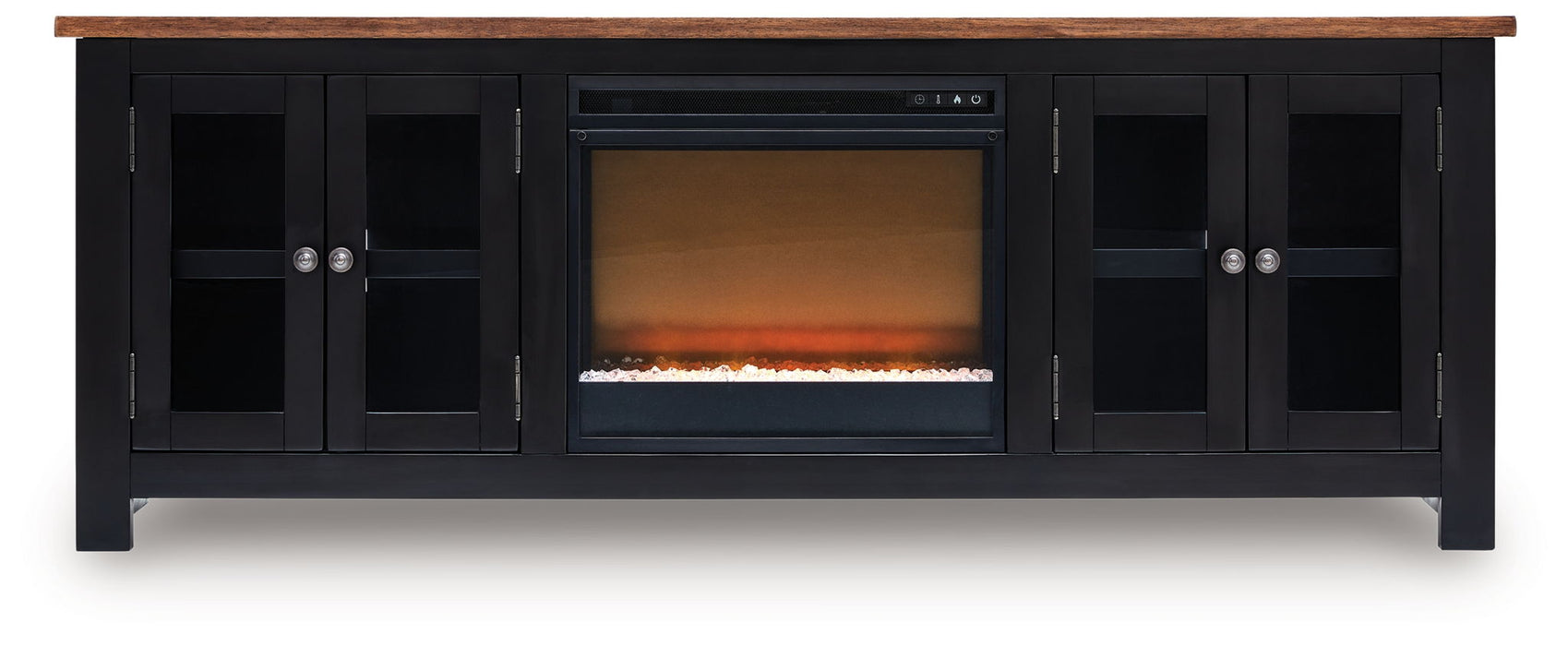 Wildenauer 76-inch TV stand with electric fireplace by Signature Design Ashley, featuring modern wood finish and built-in fireplace.