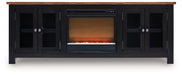 Wildenauer 76-inch TV stand with electric fireplace by Signature Design Ashley, featuring modern wood finish and built-in fireplace.