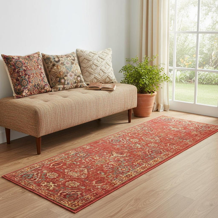 6' Floral Distressed Non Skid Runner Rug (552932) - Brick Red / Tan