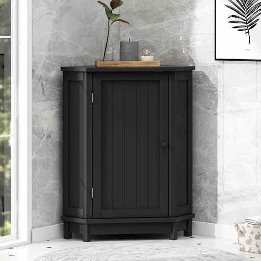 Modern Giga linen bathroom corner cabinet with adjustable shelf and triangle design for efficient storage.