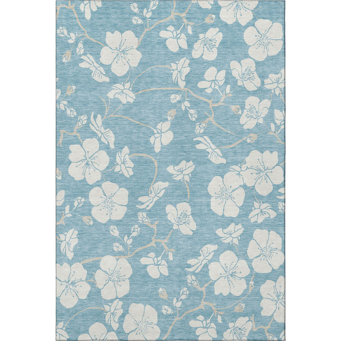 10' X 14' Floral Washable Area Rug With UV Protection (681077) - Sky Blue / Ivory