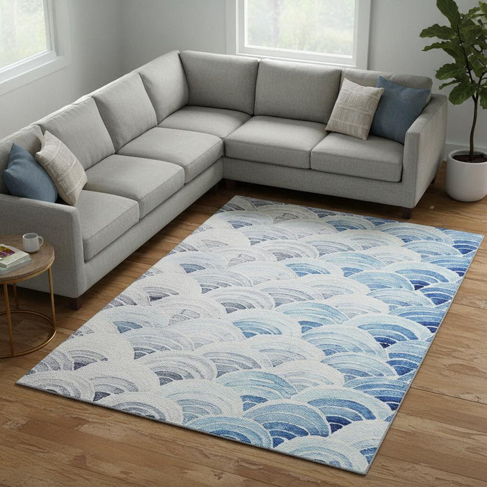 8' X 10' Geometric Washable Area Rug With UV Protection (645808) - Blue / Ivory / Gray