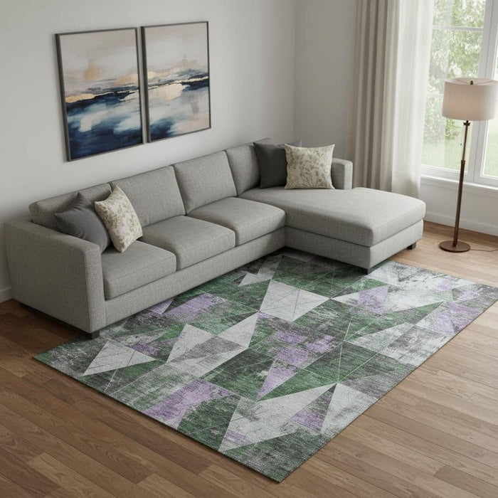 10' X 14' Geometric Washable Area Rug With UV Protection (706975) - Emerald / Purple