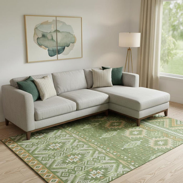 10' X 14' Tribal Washable Area Rug With UV Protection (705767) - Green / Copper