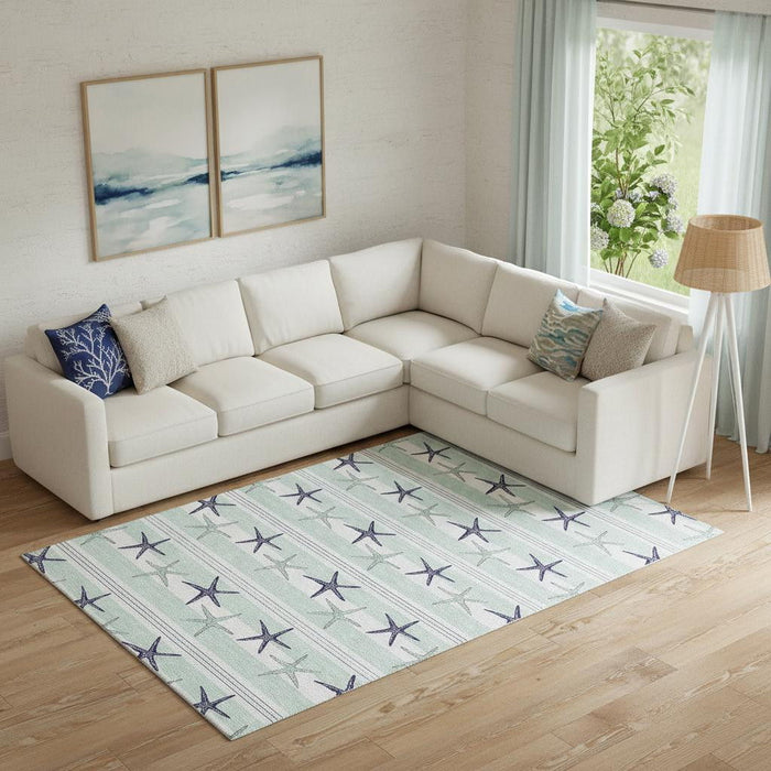 10' X 14' Geometric Washable Area Rug With UV Protection (646127) - Aqua / Navy Blue / Ivory