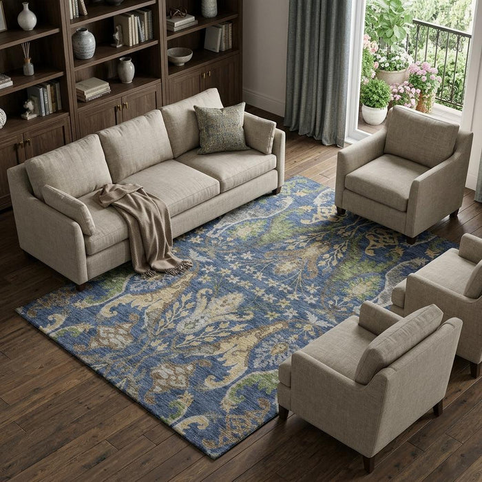 10' X 14' Floral Washable Area Rug With UV Protection (686945) - Navy Blue / Olive Green / Brown