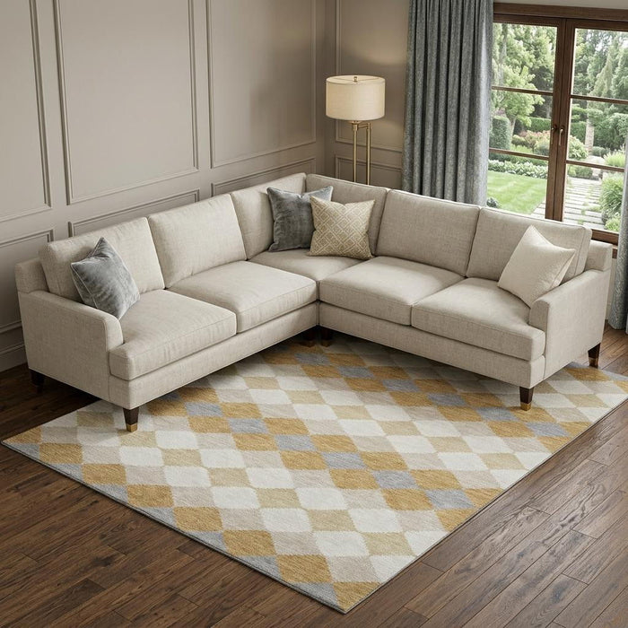 10' X 14' Geometric Washable Area Rug With UV Protection (679060) - Gold / Gray / Ivory
