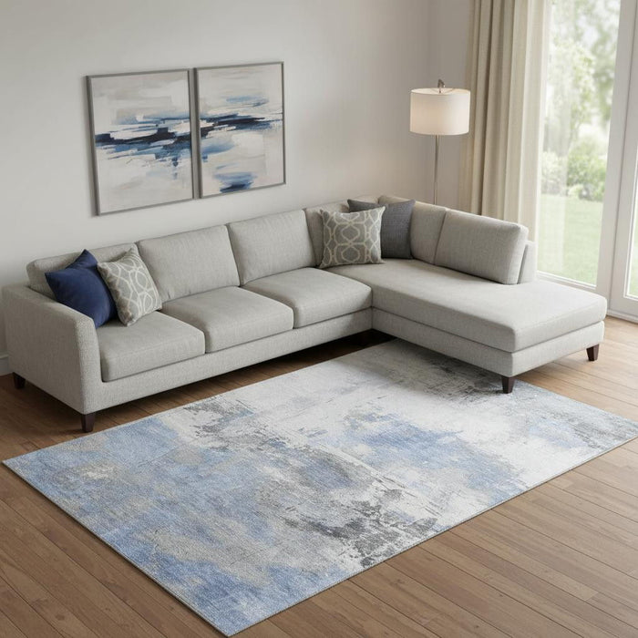 10' X 14' Abstract Washable Area Rug With UV Protection (697170) - Denim Blue / Gray / Ivory