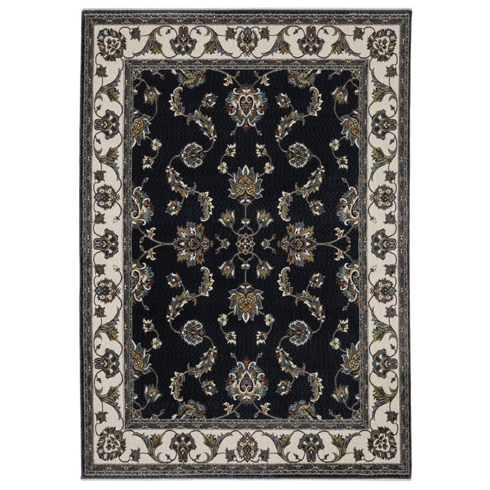 8' X 11' Oriental Area Rug With Fringe - Navy Blue And Ivory