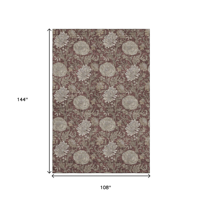 9' X 12' Floral Washable Area Rug With UV Protection (655805) - Merlot / Beige