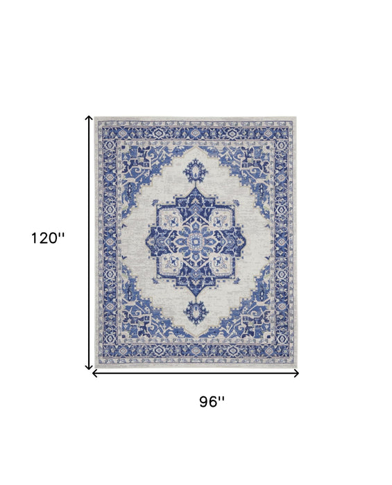 8' X 10' Floral Distressed Area Rug (551047) - Ivory / Blue