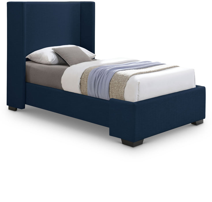 Upholstered Oxford bed by Meridian Furniture with a padded headboard and neutral fabric, showcasing a modern bedroom design.