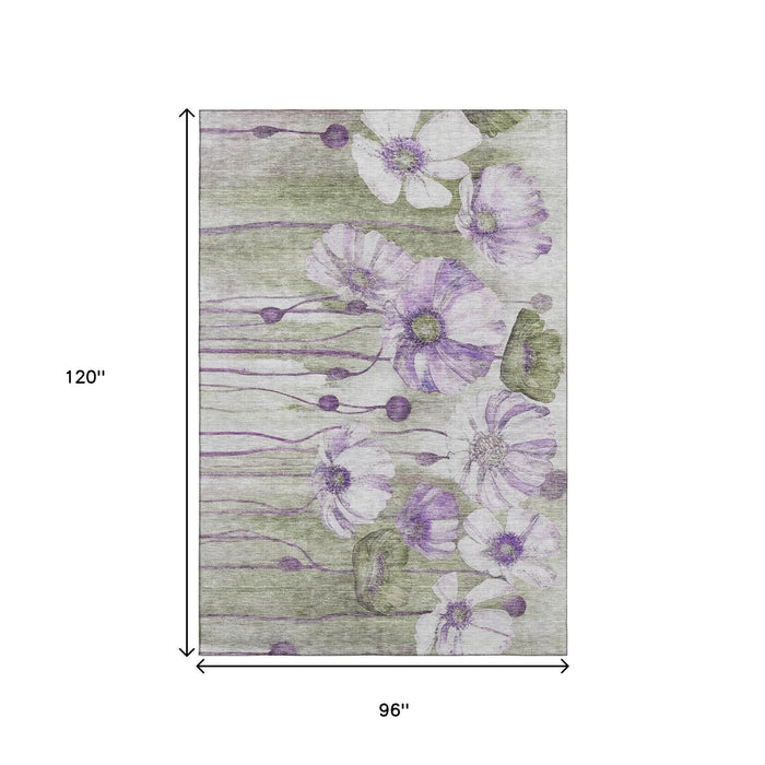 8' X 10' Floral Washable Area Rug With UV Protection (657315) - Purple / Green / Ivory