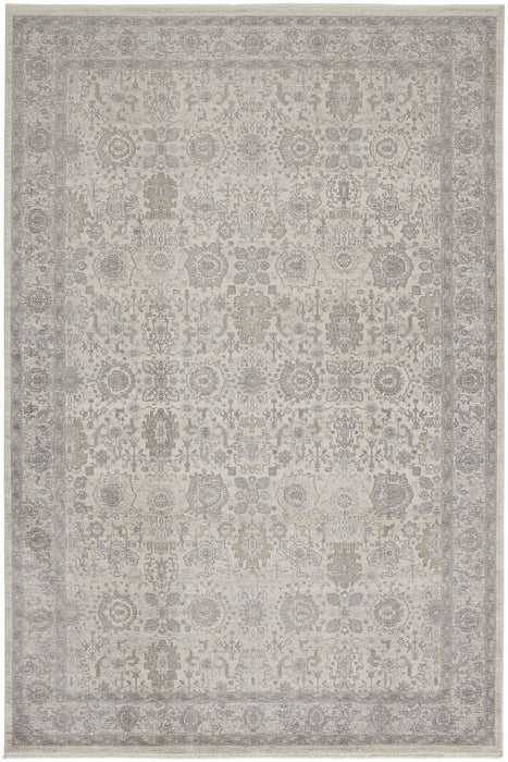 8' x 10' Oriental Power Loom Worn Faded Area Rug With Fringe - Gray And Ivory