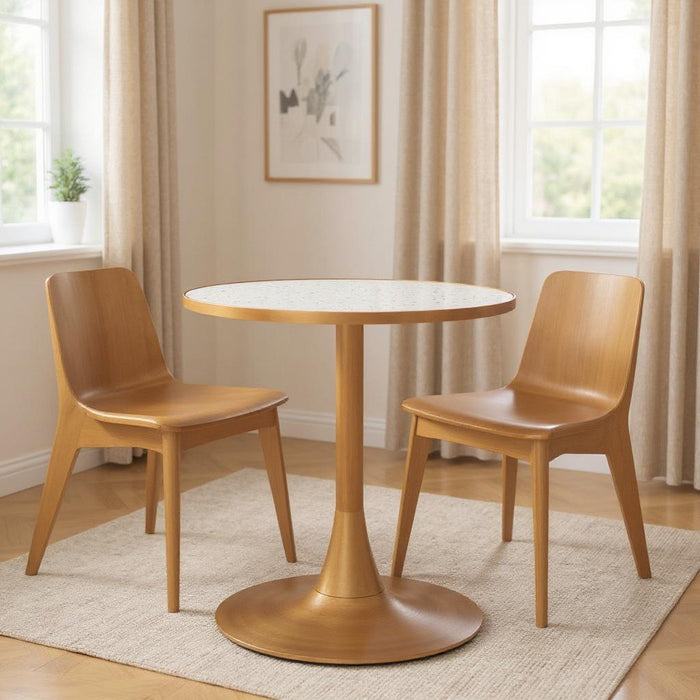 24" Wood And Steel Pedestal Base Round Top Dining Table - Beige / Gold