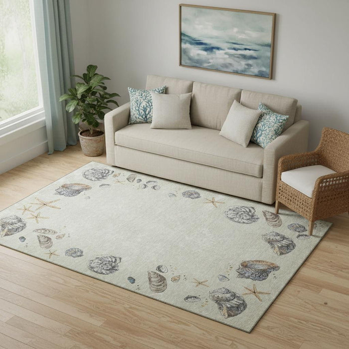 5' X 8' Geometric Washable Area Rug With UV Protection (646051) - Linen / Ivory / Beige