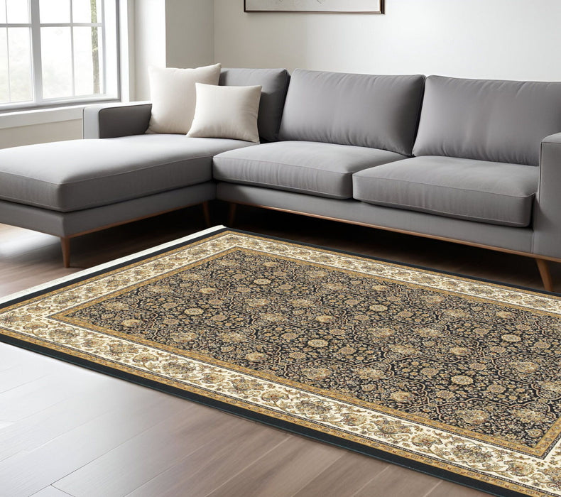 10' X 7' Oriental Area Rug With Fringe - Navy Blue / Ivory