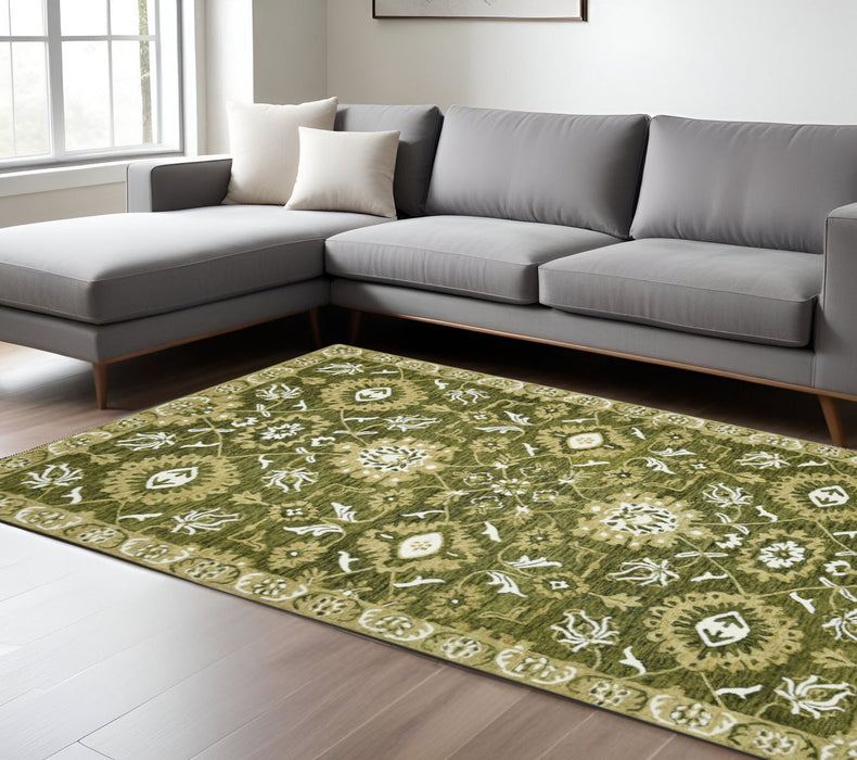 9' X 13' Wool Floral Medallion Hand Hooked Area Rug - Olive Green