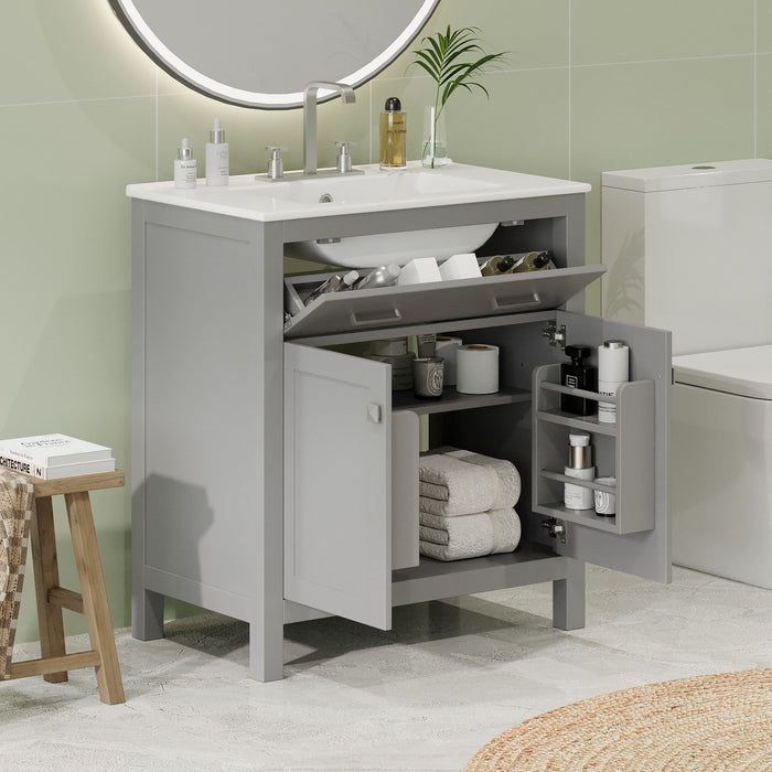 Giga modern bathroom vanity with ceramic sink, single cabinet, two doors, shelf, soft-close doors for stylish storage.
