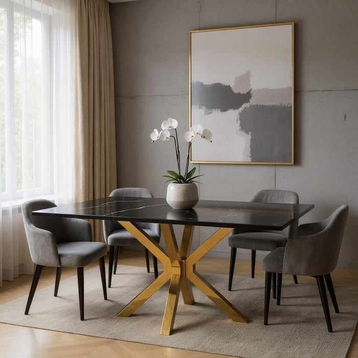 63" Marble And Metal Cross Leg Base Dining Table - Black